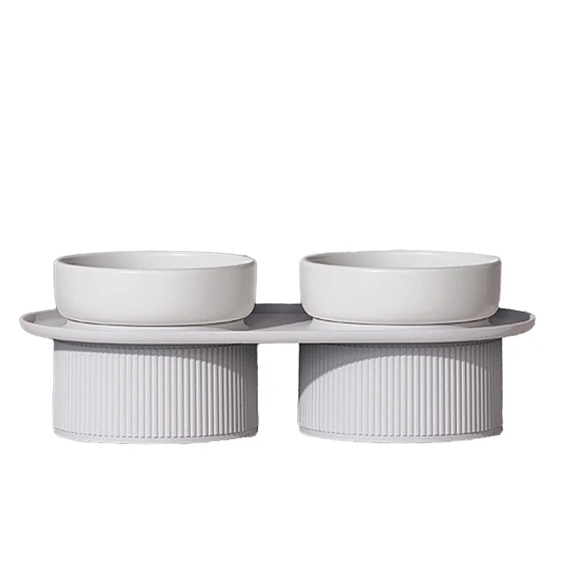 Elevated Ceramic Double Pet Bowl - Small Raised Cat & Dog Food and Water Feeder for Travel