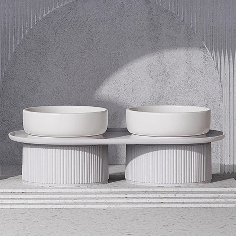 Elevated Ceramic Double Pet Bowl - Small Raised Cat & Dog Food and Water Feeder for Travel