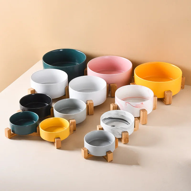Elevated Ceramic Cat & Dog Bowl with Wooden Frame - 15° Tilted Ergonomic Neck Guard Pet Feeder