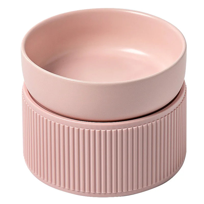 Elevated Ceramic Double Pet Bowl - Small Raised Cat & Dog Food and Water Feeder for Travel