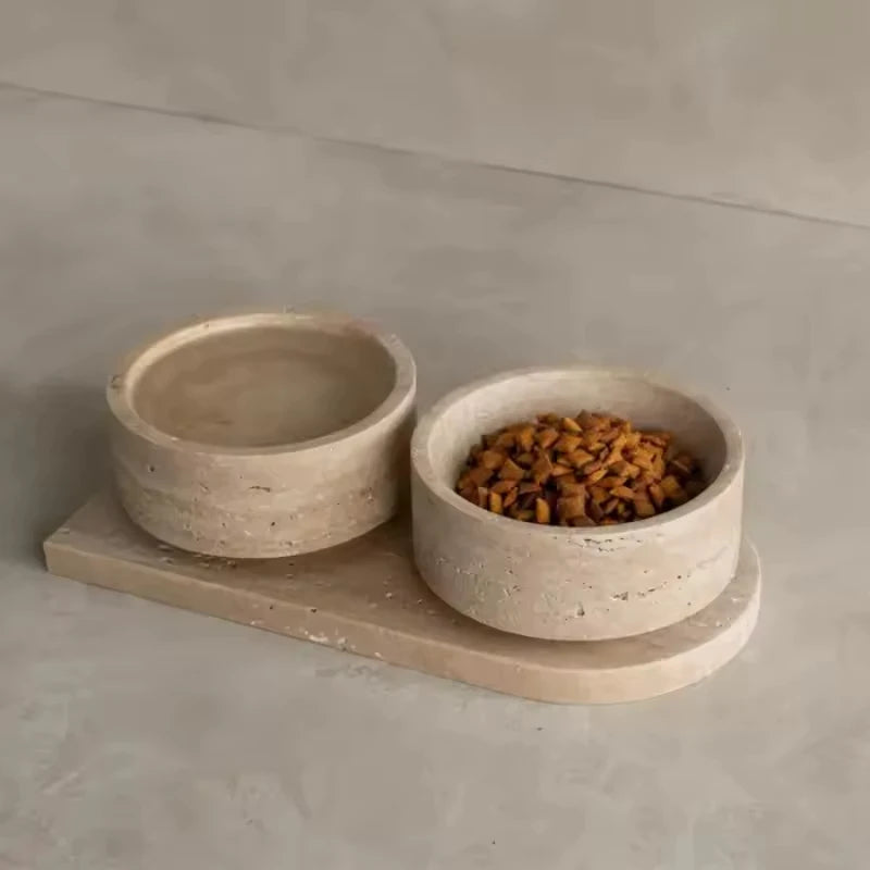 Light Beige Natural Travertine Pet Double Bowls - Luxury Stone Cat & Dog Feeder with Easy-Clean Surface