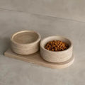 Light Beige Natural Travertine Pet Double Bowls - Luxury Stone Cat & Dog Feeder with Easy-Clean Surface
