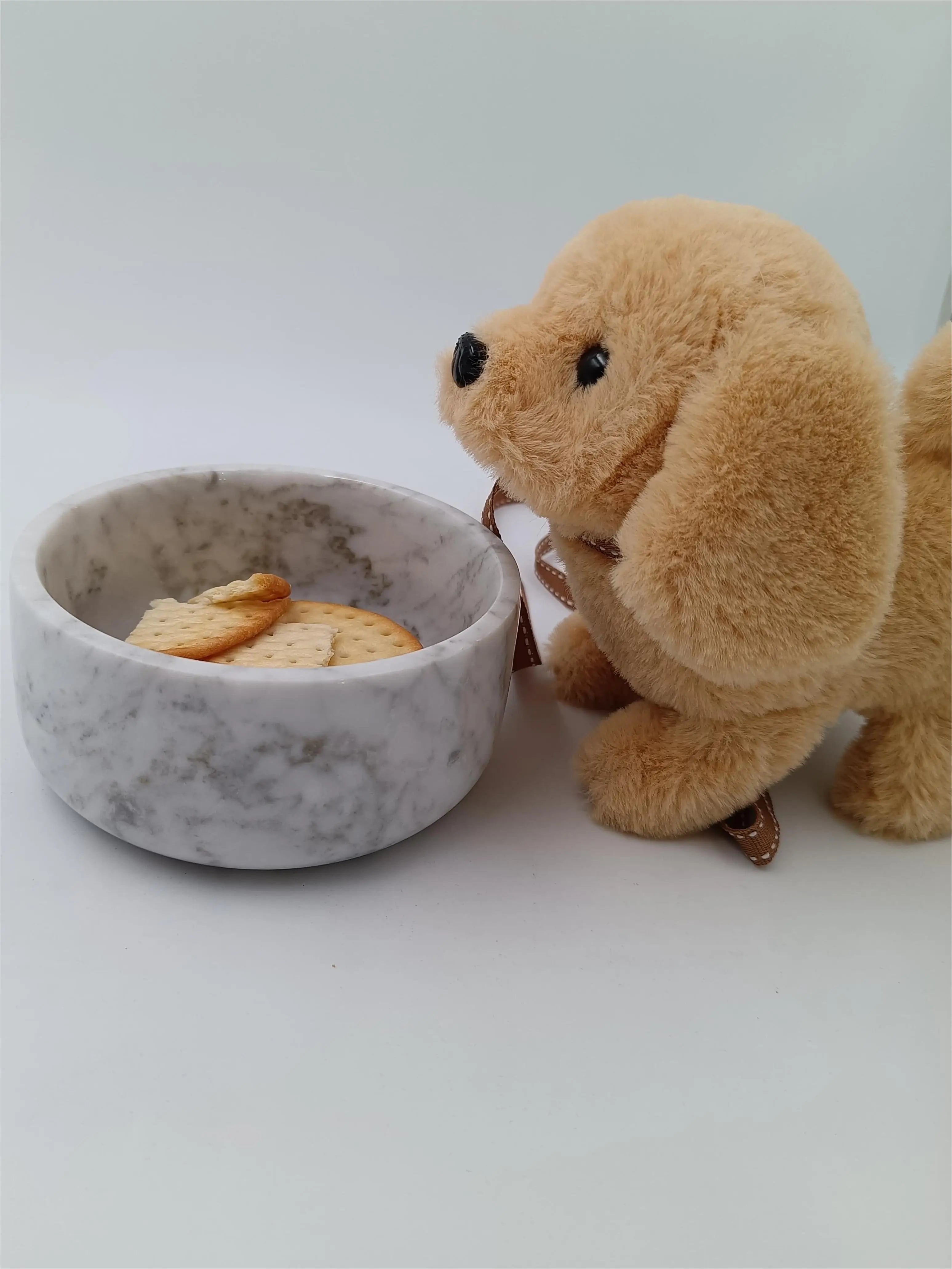 Polished Carrara White Marble Pet Bowl - Natural Onyx Stone Feeder for Dogs & Cats
