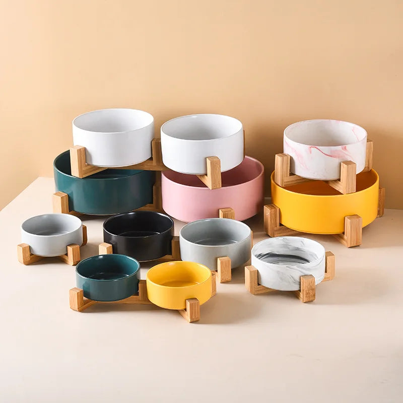 Elevated Ceramic Cat & Dog Bowl with Wooden Frame - 15° Tilted Ergonomic Neck Guard Pet Feeder