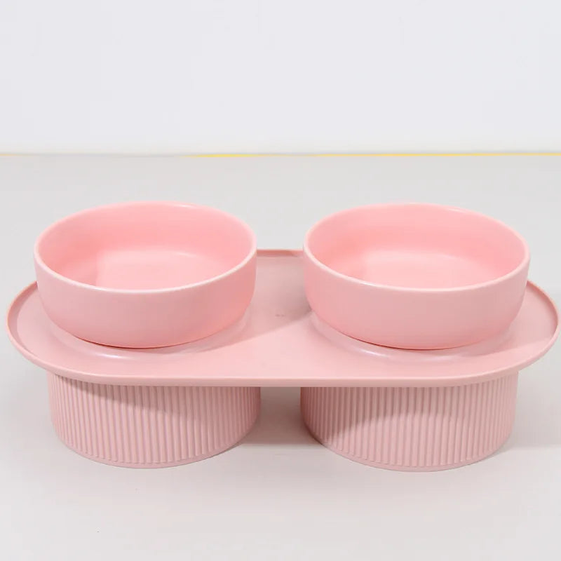 Elevated Ceramic Double Pet Bowl - Small Raised Cat & Dog Food and Water Feeder for Travel