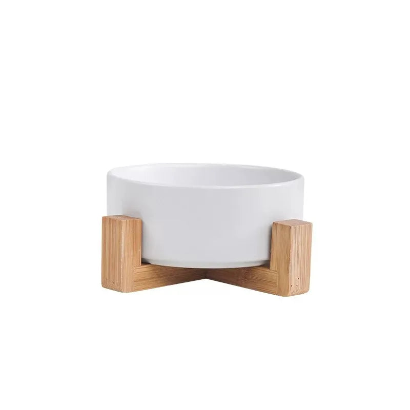 Elevated Ceramic Cat & Dog Bowl with Wooden Frame - 15° Tilted Ergonomic Neck Guard Pet Feeder