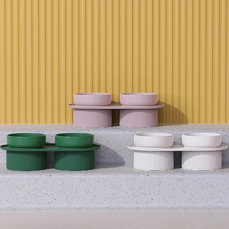 Elevated Ceramic Double Pet Bowl - Small Raised Cat & Dog Food and Water Feeder for Travel