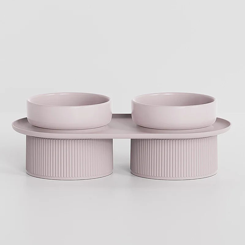 Elevated Ceramic Double Pet Bowl - Small Raised Cat & Dog Food and Water Feeder for Travel