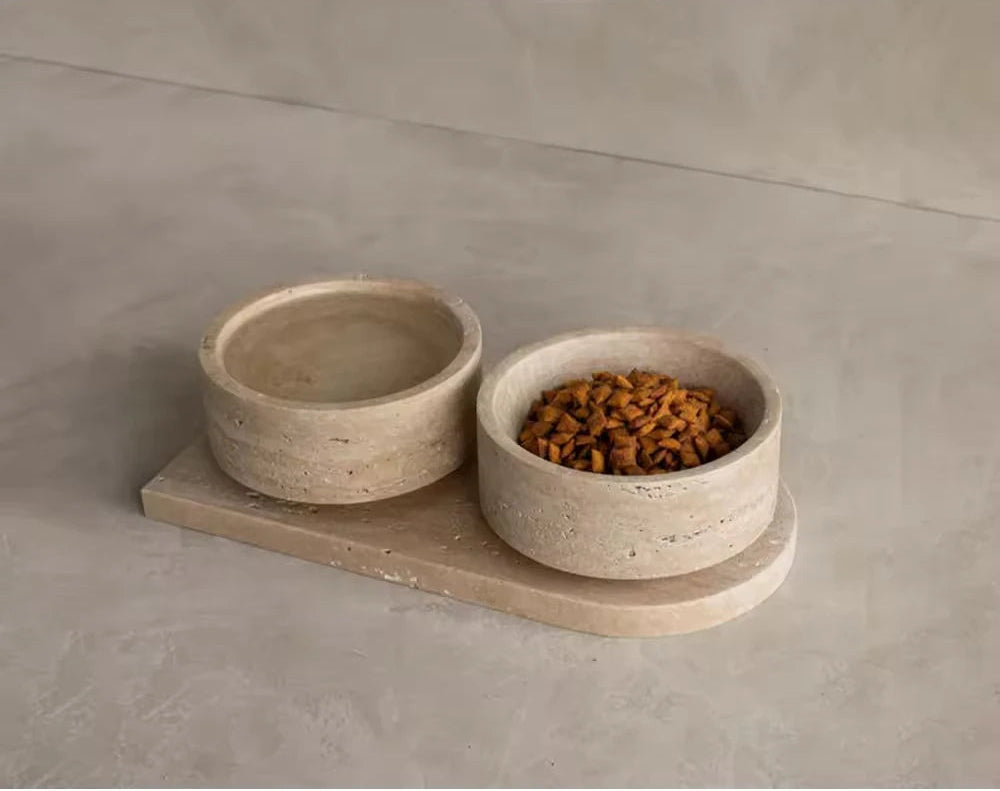 Light Beige Natural Travertine Pet Double Bowls - Luxury Stone Cat & Dog Feeder with Easy-Clean Surface