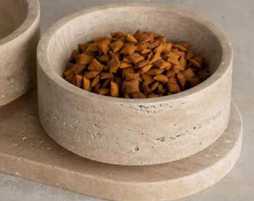 Light Beige Natural Travertine Pet Double Bowls - Luxury Stone Cat & Dog Feeder with Easy-Clean Surface