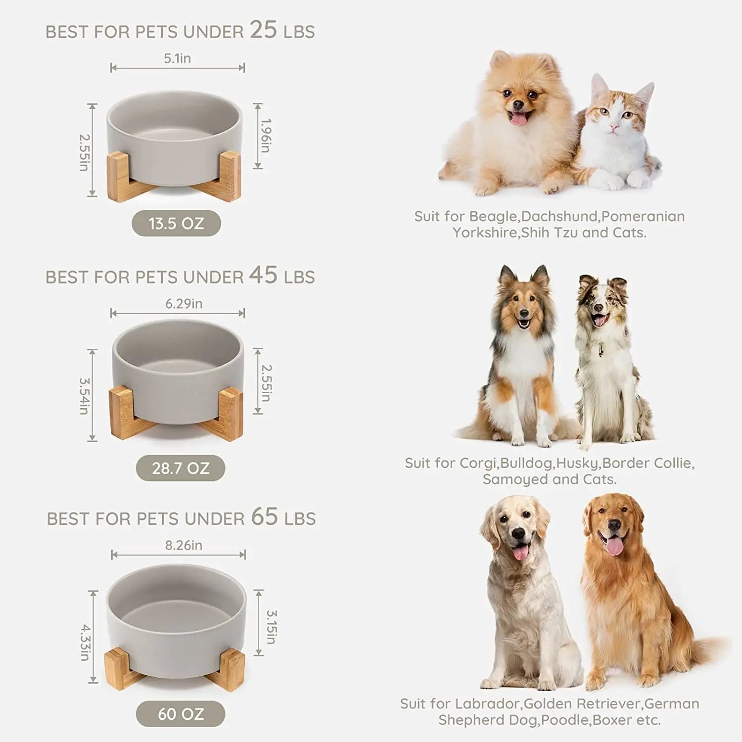 Weighted Ceramic Pet Bowl Set with Wooden Stand - Elevated Cat & Dog Food and Water Bowls