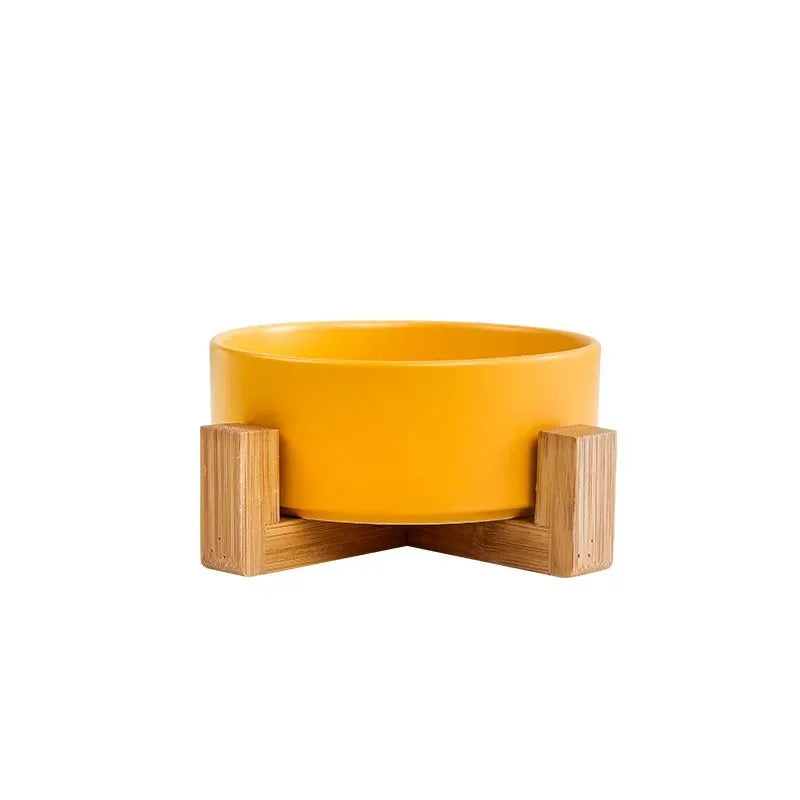 Elevated Ceramic Cat & Dog Bowl with Wooden Frame - 15° Tilted Ergonomic Neck Guard Pet Feeder