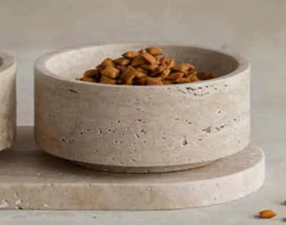 Light Beige Natural Travertine Pet Double Bowls - Luxury Stone Cat & Dog Feeder with Easy-Clean Surface
