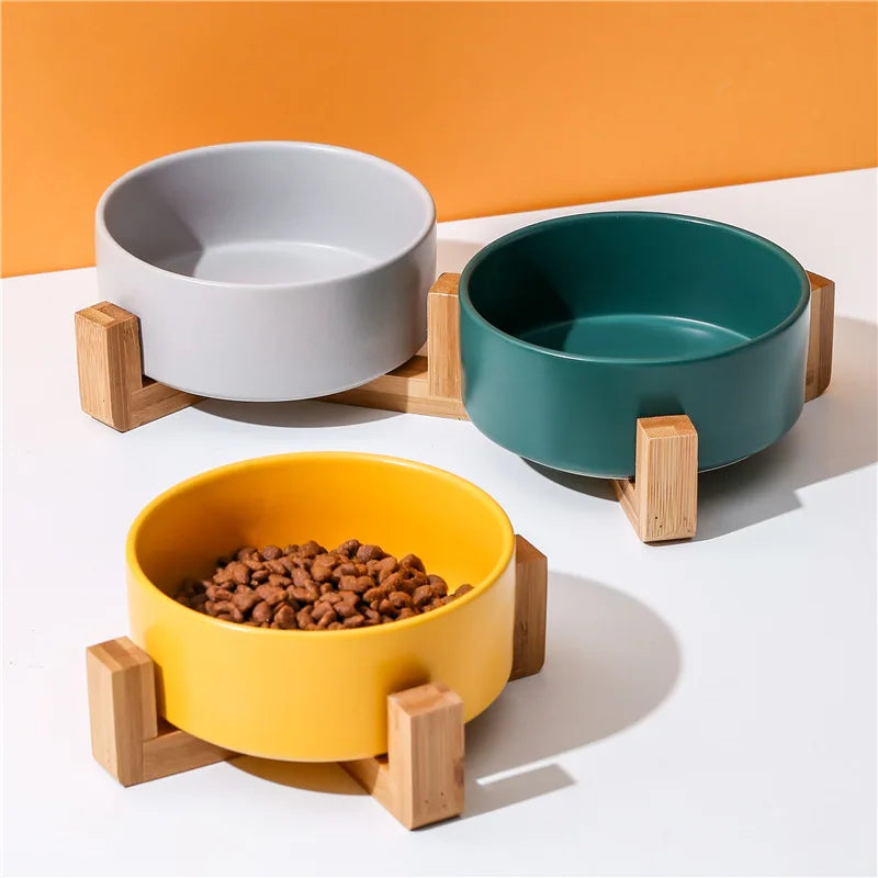 Elevated Ceramic Cat & Dog Bowl with Wooden Frame - 15° Tilted Ergonomic Neck Guard Pet Feeder