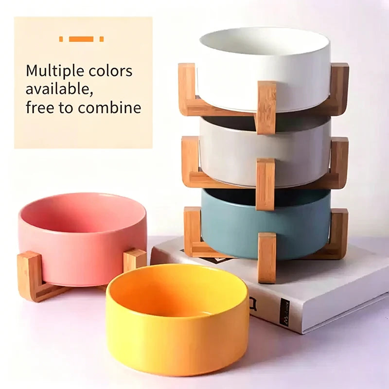 Elevated Ceramic Cat & Dog Bowl with Wooden Frame - 15° Tilted Ergonomic Neck Guard Pet Feeder
