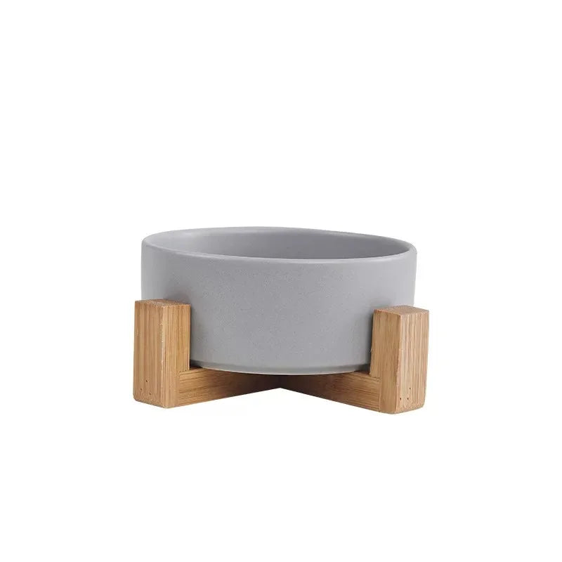 Elevated Ceramic Cat & Dog Bowl with Wooden Frame - 15° Tilted Ergonomic Neck Guard Pet Feeder