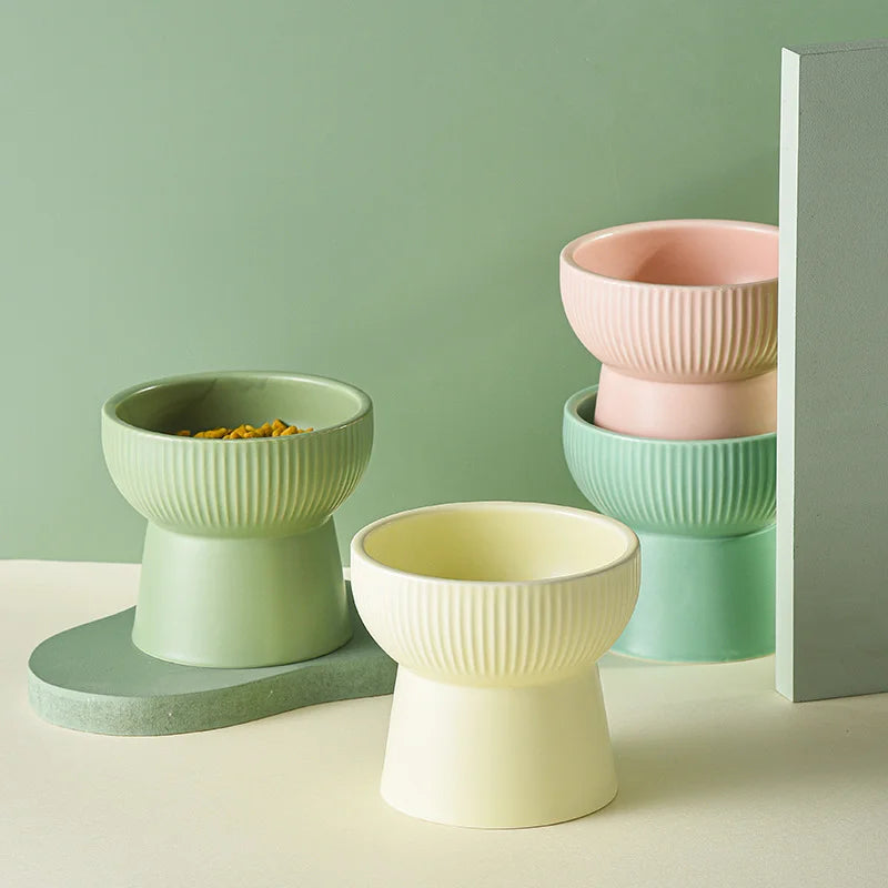 Elevated Ceramic Pet Bowl - Multi-Color Raised Dog & Cat Feeder with Oblique Mouth Design