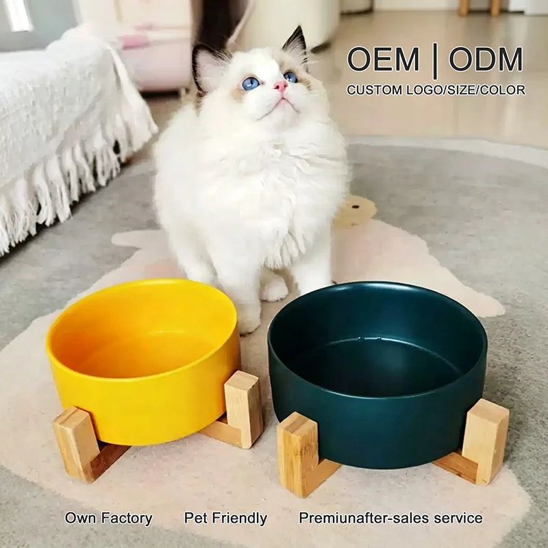Elevated Ceramic Cat & Dog Bowl with Wooden Frame - 15° Tilted Ergonomic Neck Guard Pet Feeder