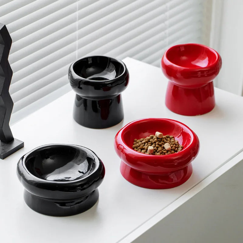 Elevated Ceramic Pet Bowl - Tilted Wide Opening Dog & Cat Bowl for Neck Protection