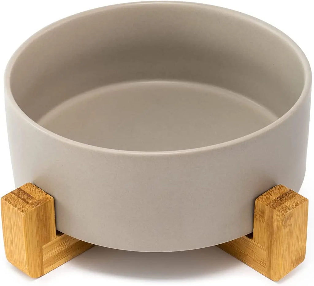 Weighted Ceramic Pet Bowl Set with Wooden Stand - Elevated Cat & Dog Food and Water Bowls