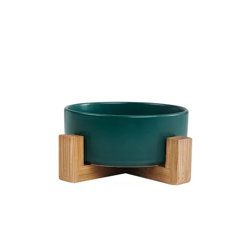 Elevated Ceramic Cat & Dog Bowl with Wooden Frame - 15° Tilted Ergonomic Neck Guard Pet Feeder