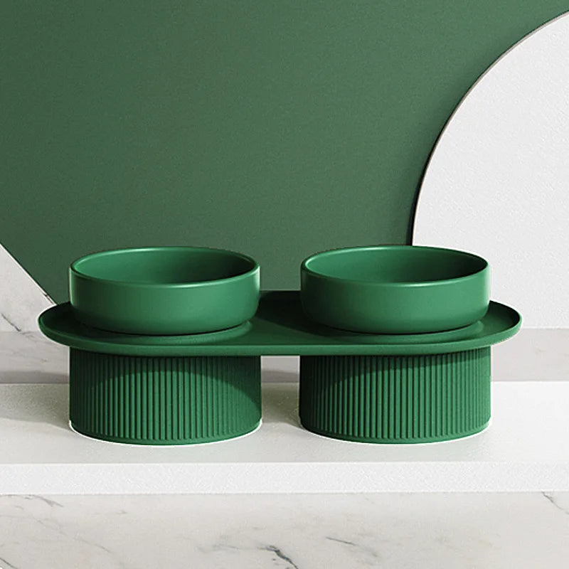 Elevated Ceramic Double Pet Bowl - Small Raised Cat & Dog Food and Water Feeder for Travel
