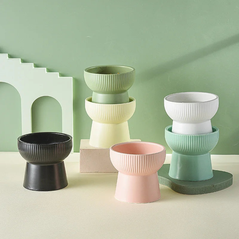 Elevated Ceramic Pet Bowl - Multi-Color Raised Dog & Cat Feeder with Oblique Mouth Design