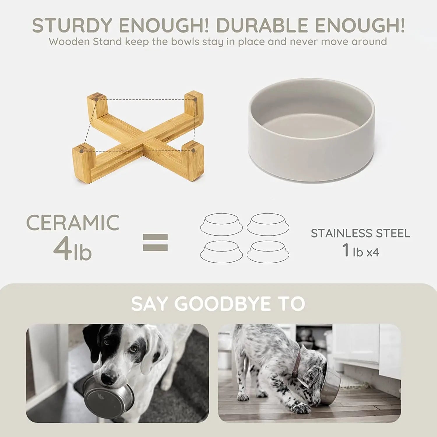 Weighted Ceramic Pet Bowl Set with Wooden Stand - Elevated Cat & Dog Food and Water Bowls