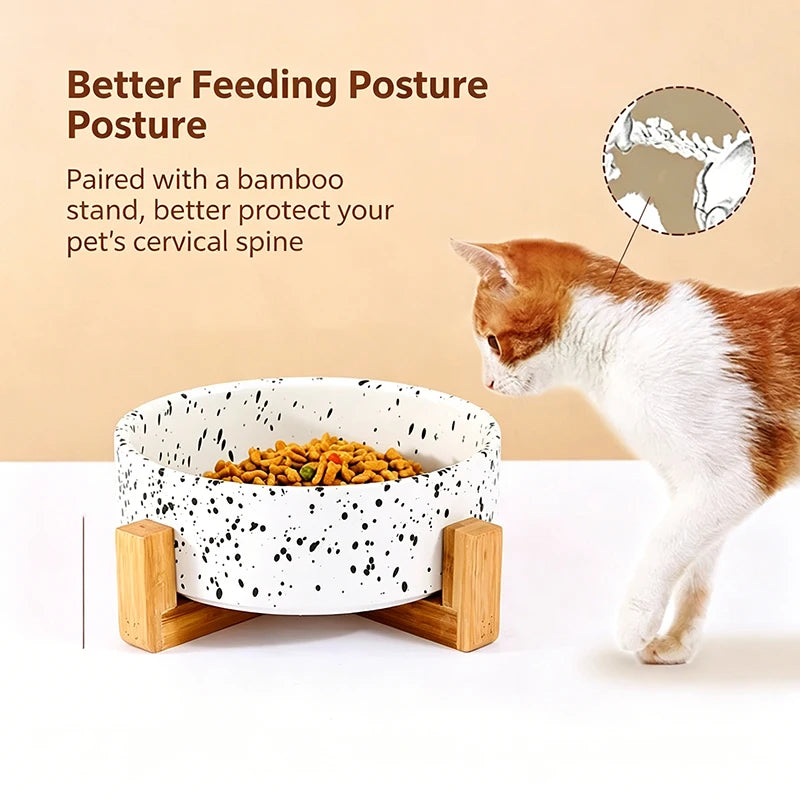 Elevated Ceramic Cat & Dog Bowl with Wooden Frame - 15° Tilted Ergonomic Neck Guard Pet Feeder
