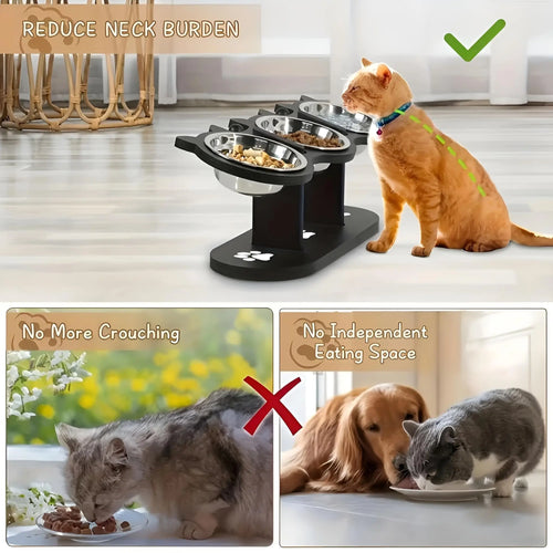15° Tilted Elevated Stainless Steel Cat Bowls with Black Wooden Stand - Raised Pet Feeder Set