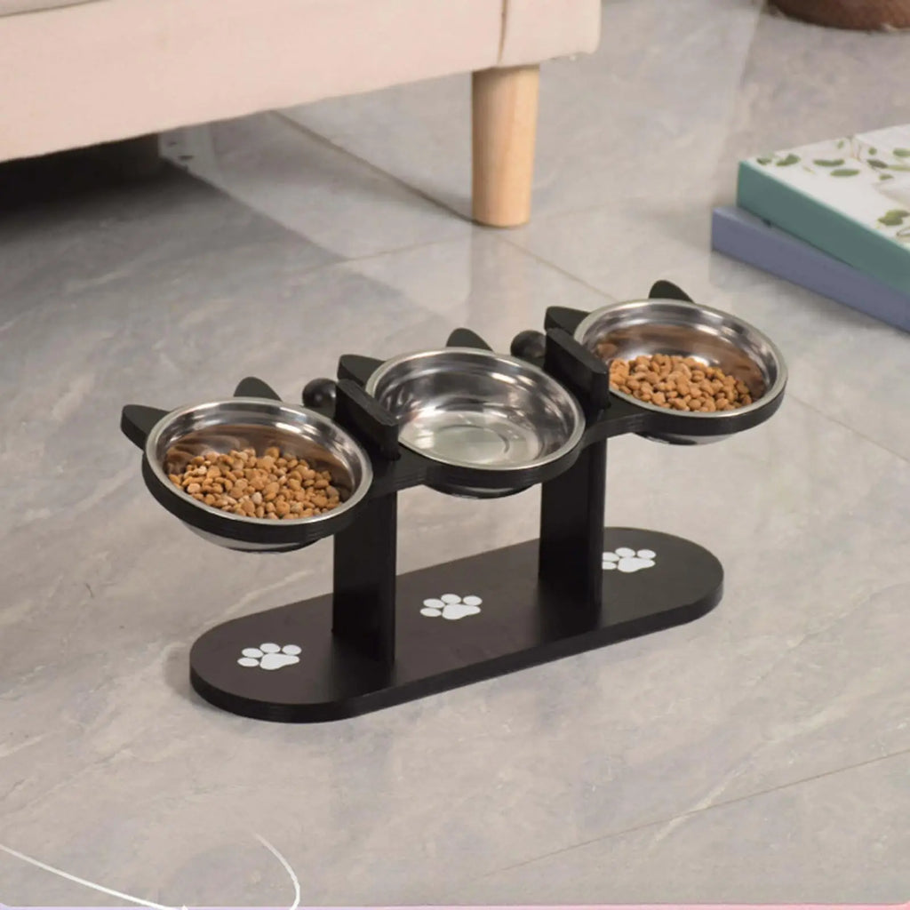 15° Tilted Elevated Stainless Steel Cat Bowls with Black Wooden Stand - Raised Pet Feeder Set