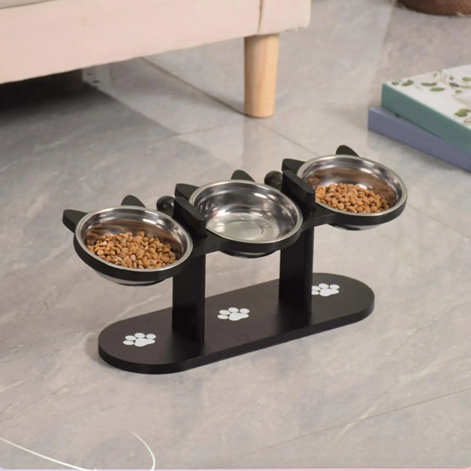 15° Tilted Elevated Stainless Steel Cat Bowls with Black Wooden Stand - Raised Pet Feeder Set