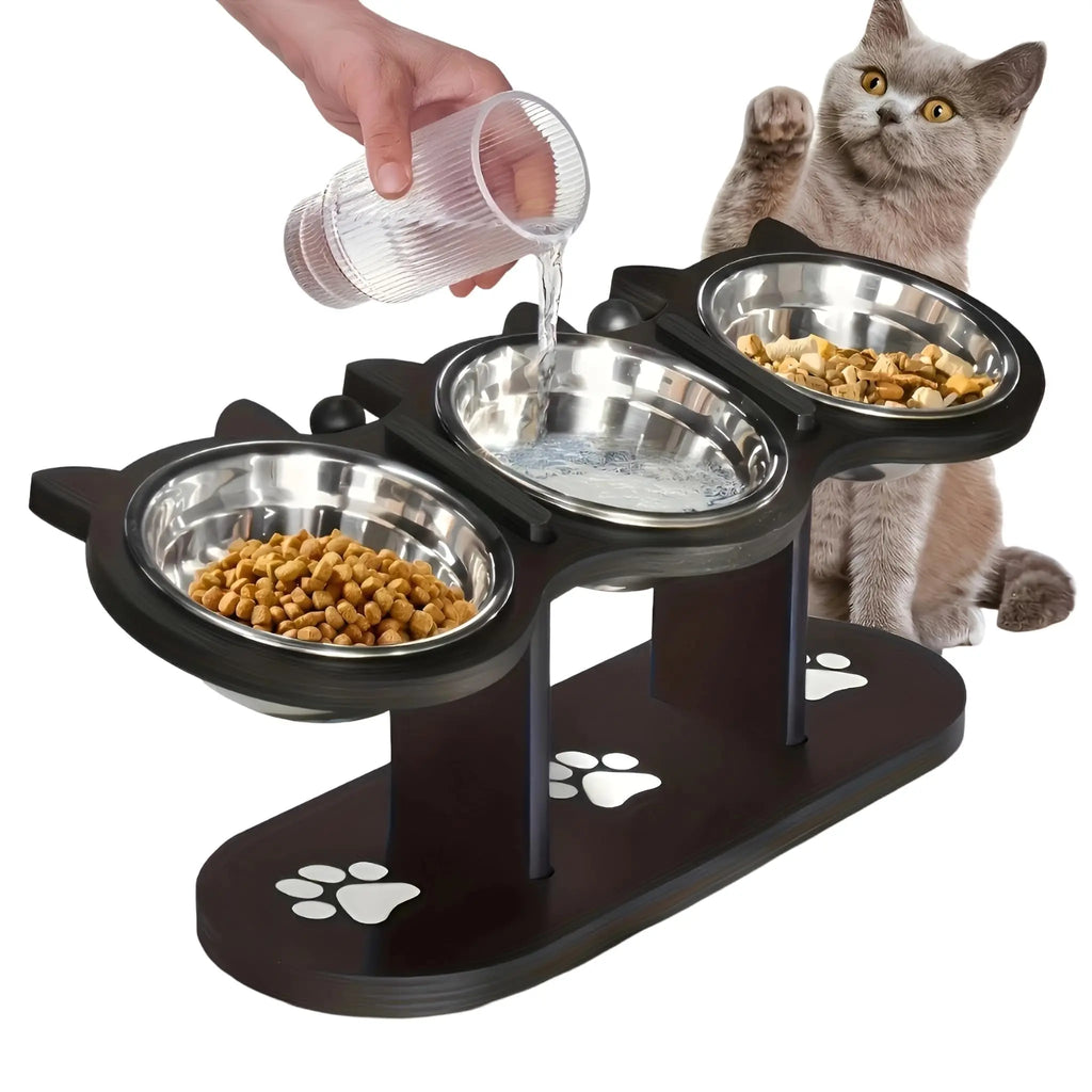 15° Tilted Elevated Stainless Steel Cat Bowls with Black Wooden Stand - Raised Pet Feeder Set