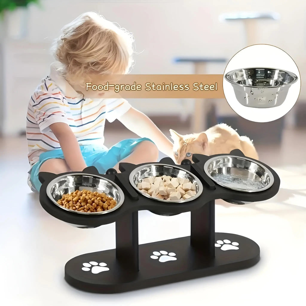 15° Tilted Elevated Stainless Steel Cat Bowls with Black Wooden Stand - Raised Pet Feeder Set
