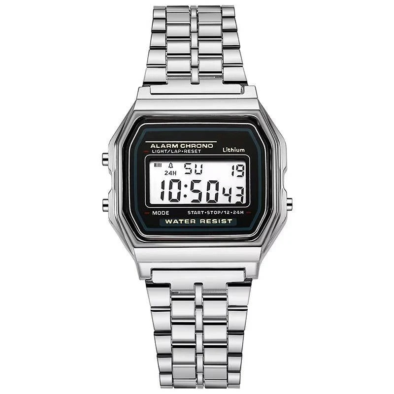 Vintage Style Unisex Digital Watch with Stainless Steel Band and LED Display