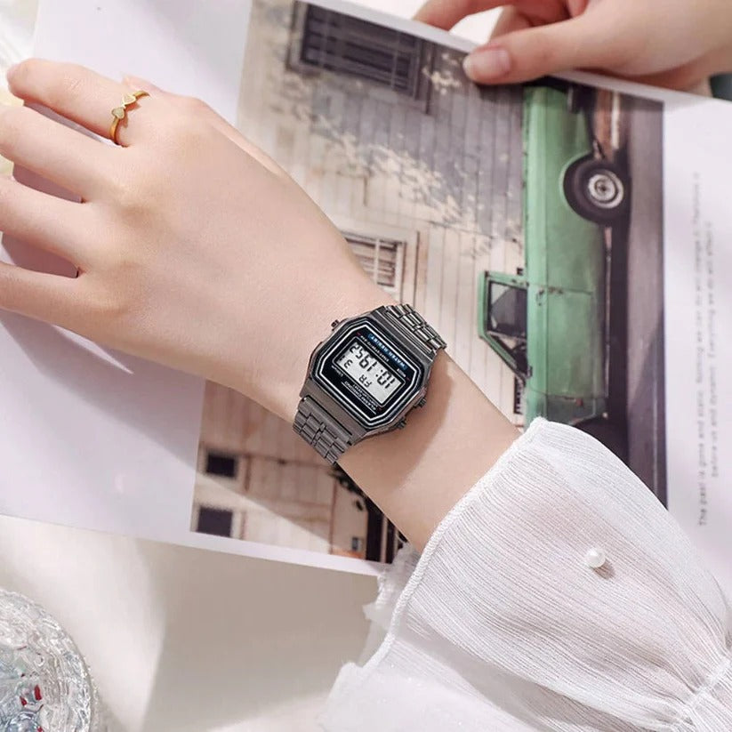 Vintage Style Unisex Digital Watch with Stainless Steel Band and LED Display